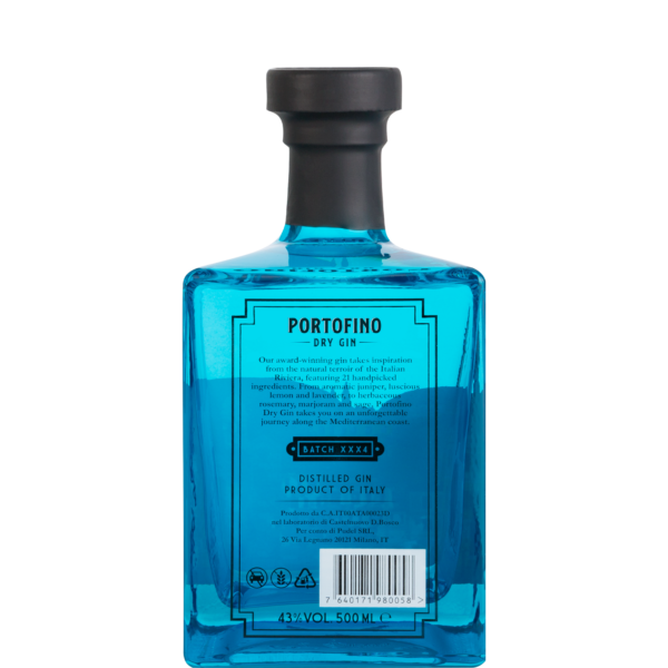 The back of a bottle of Portofino Dry Gin from Italy 500 ml