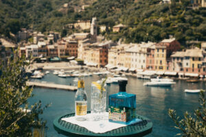 Bottle of Portofino Dry Gin, next to a glass of Portofino drink with tonic, next to a bottle of tonic