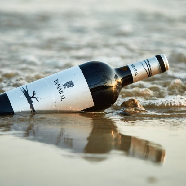 Butelka hiszpańskiego wina Tamaral Roble w piasku na plaży