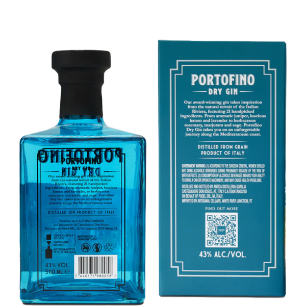Włoski gin Portofino Dry Gin 500 ml wraz z pudełkiem prezentowym tył