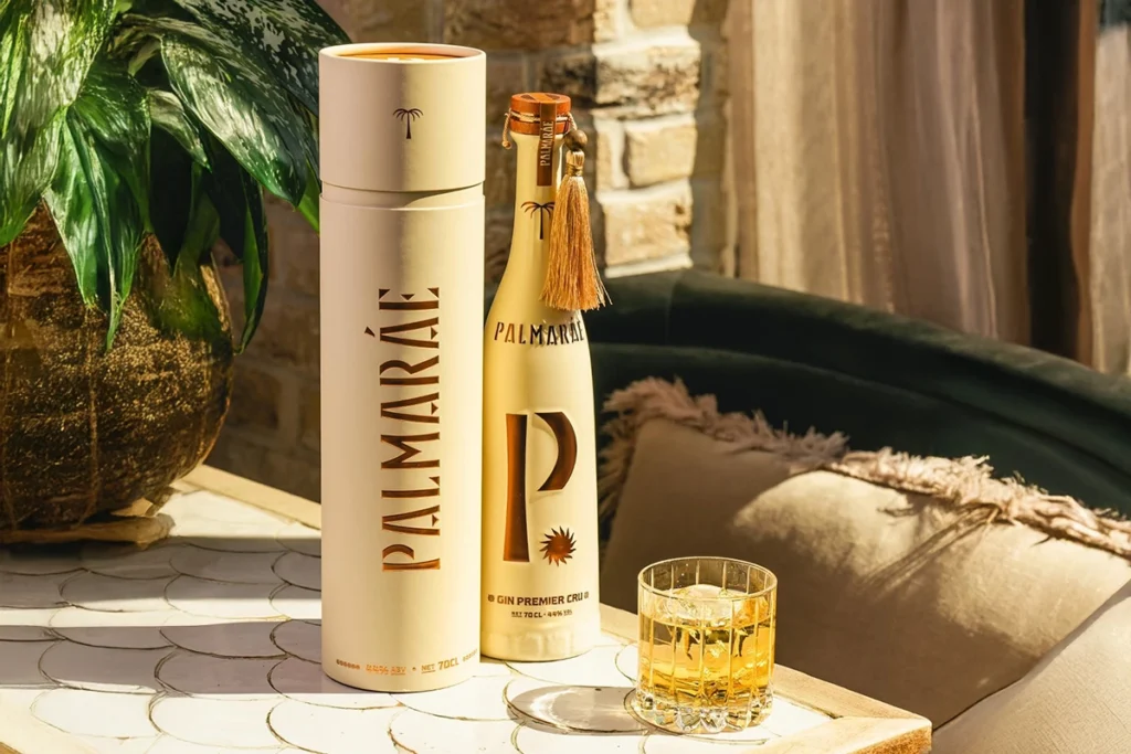 Eleganckie opakowanie i butelka premium PALMARÁE na stole z drinkiem z ginem.