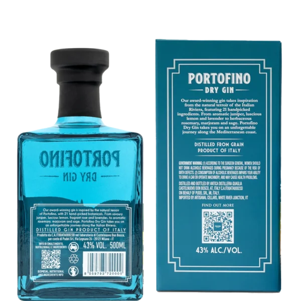 tylna strona opakowania portofino dry gin z opisem i informacjami o produkcie