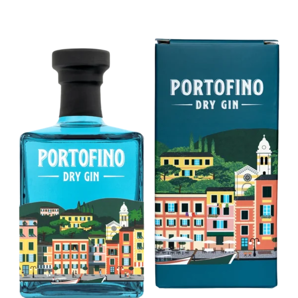front pudełka portofino dry gin z ilustracją włoskiego wybrzeża