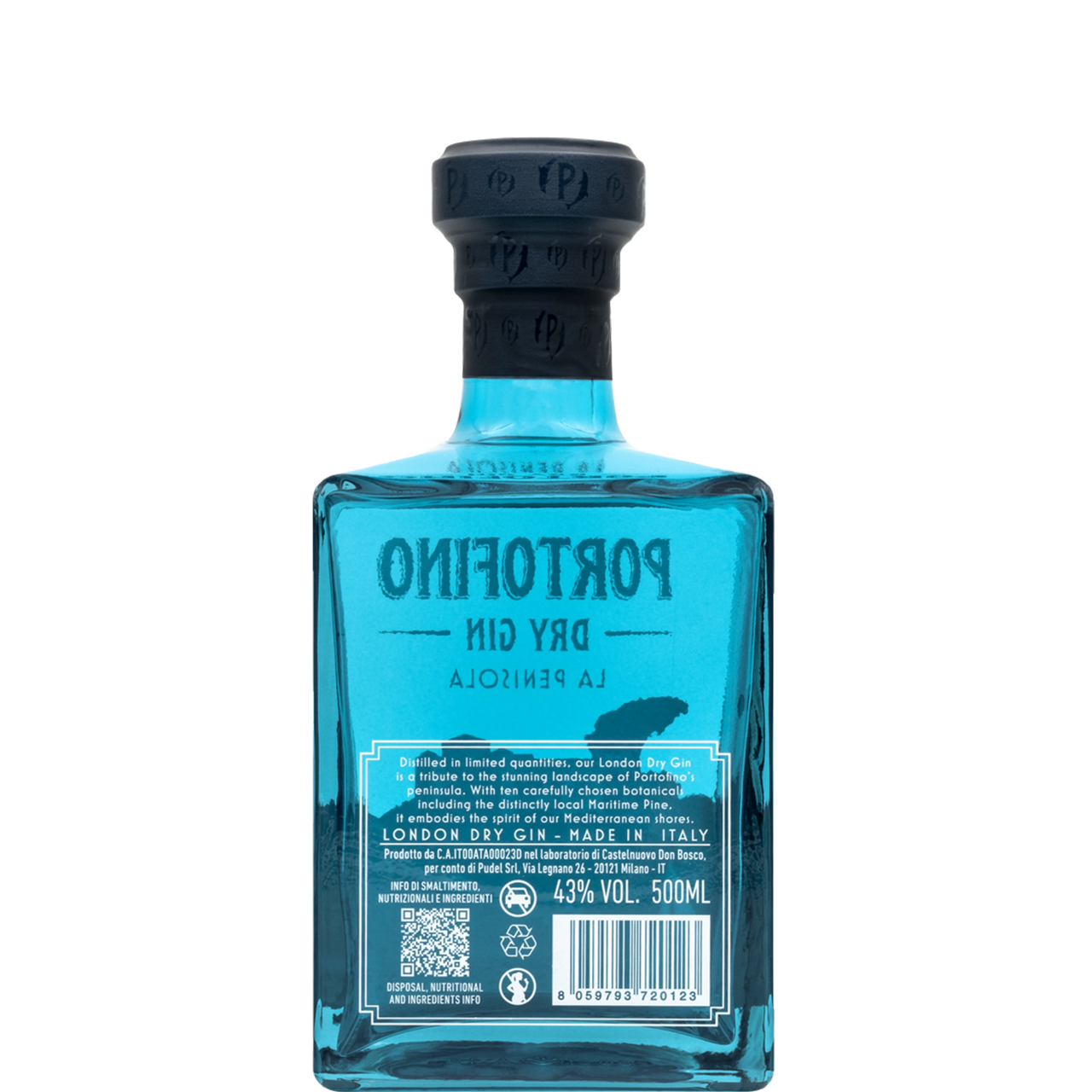 Back of a bottle of Portofino Dry Gin La Penisola with information