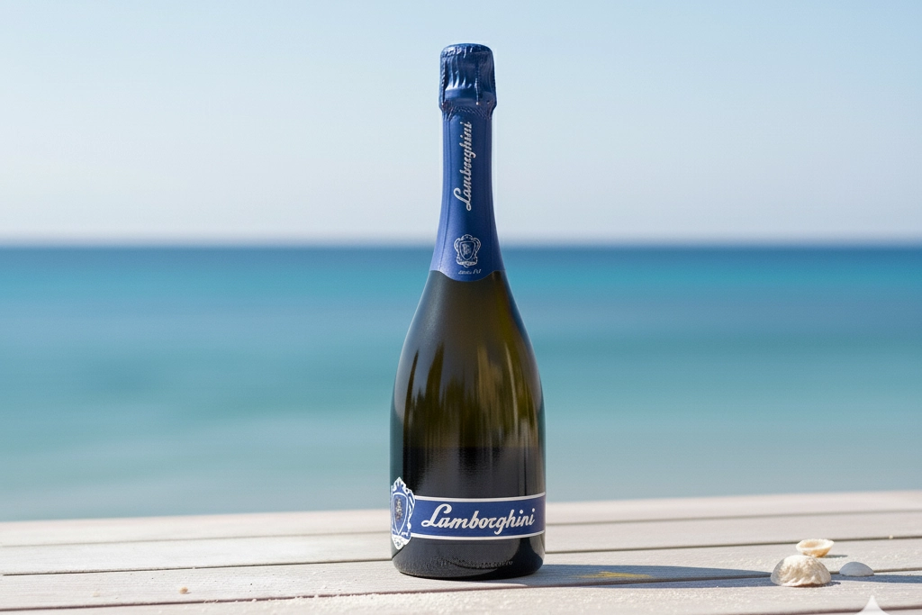 Butelka wina musującego Lamborghini Prosecco na tle morza