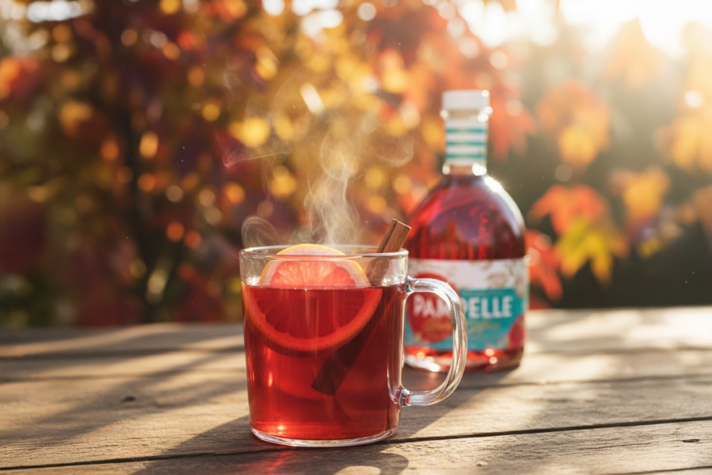Gorący, rozgrzewający drink na jesień z aperitifem Pampelle i cynamonem.
