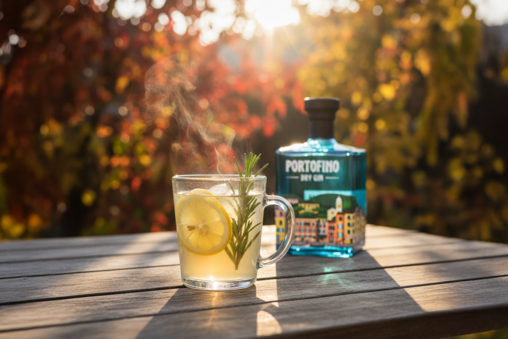 Portofino Hot Toddy, ziołowy drink na jesień w szklanym kubku
