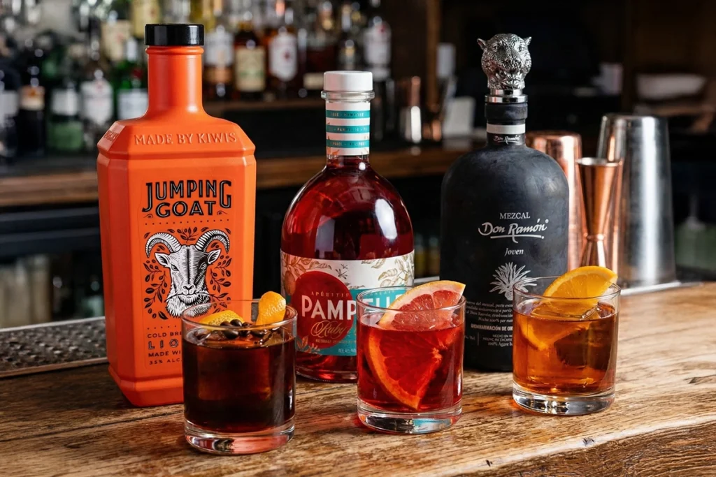Three unique Negroni twist cocktails next to Jumping Goat, Pampelle, and Mezcal Don Ramón bottles on a wooden bar.