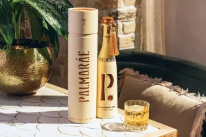 Elegancka butelka ginu Palmaráe Premier Cru ze złotymi detalami, dedykowana jasna tuba prezentowa oraz kryształowa szklanka z koktajlem na lodzie, ustawione na mozaikowym stoliku w zalanym słońcem wnętrzu.