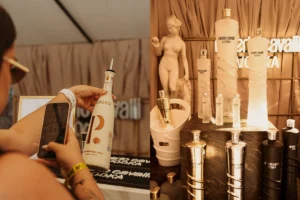 Palmarae gin and Roberto Cavalli Vodka bottles displayed at the Crimston Spirits stand during Better Bar Show 2026 in Krakow.