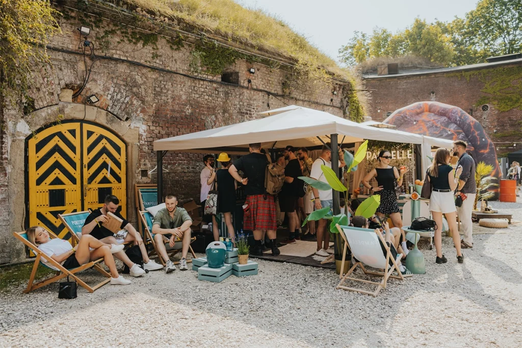Crimston Spirits outdoor tasting area featuring Pampelle and Portofino at Better Bar Show 2026 in Krakow's Fort Kleparz.