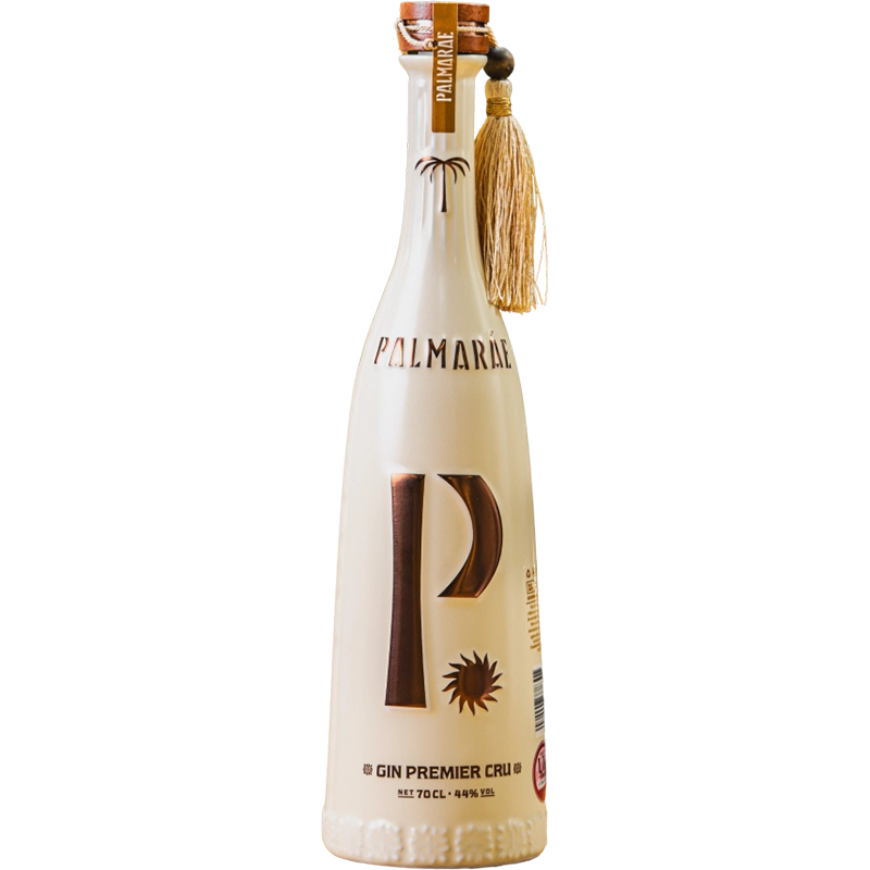 Palmaráe Golden Gin Premier Cru – francuski gin premium w białej butelce ze złotymi detalami, inspirowany aromatami Marrakeszu.