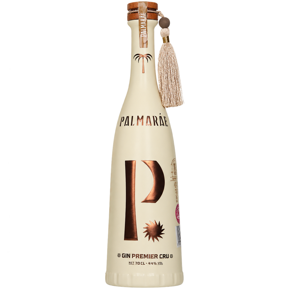 Palmarae Gin Premier Cru 70 cl bottle, 44% ABV, with an ivory finish, copper logo, cork stopper and decorative tassel.