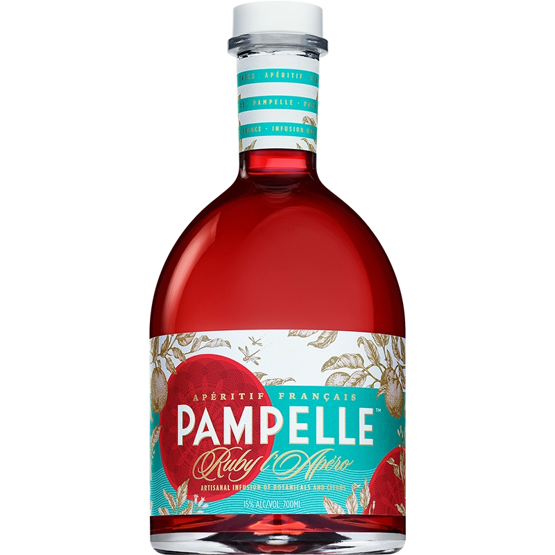 Pampelle Ruby L'Apéro – francuski aperitif grejpfrutowy w czerwonej butelce z turkusowo-białą etykietą i motywem grejpfruta.