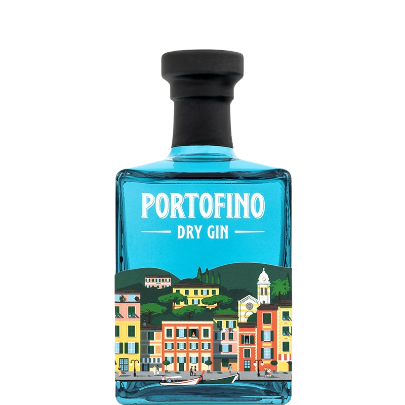 Portofino Dry Gin – włoski gin premium w turkusowej butelce z kolorową ilustracją miasteczka Portofino na Riwierze Liguryjskiej.
