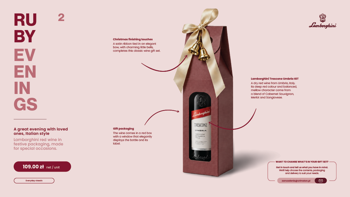 Zestaw świąteczny Ruby Evenings z czerwonym winem Lamborghini Trescone Umbria IGT w bordowym pudełku ze złotą kokardą i dzwoneczkami.