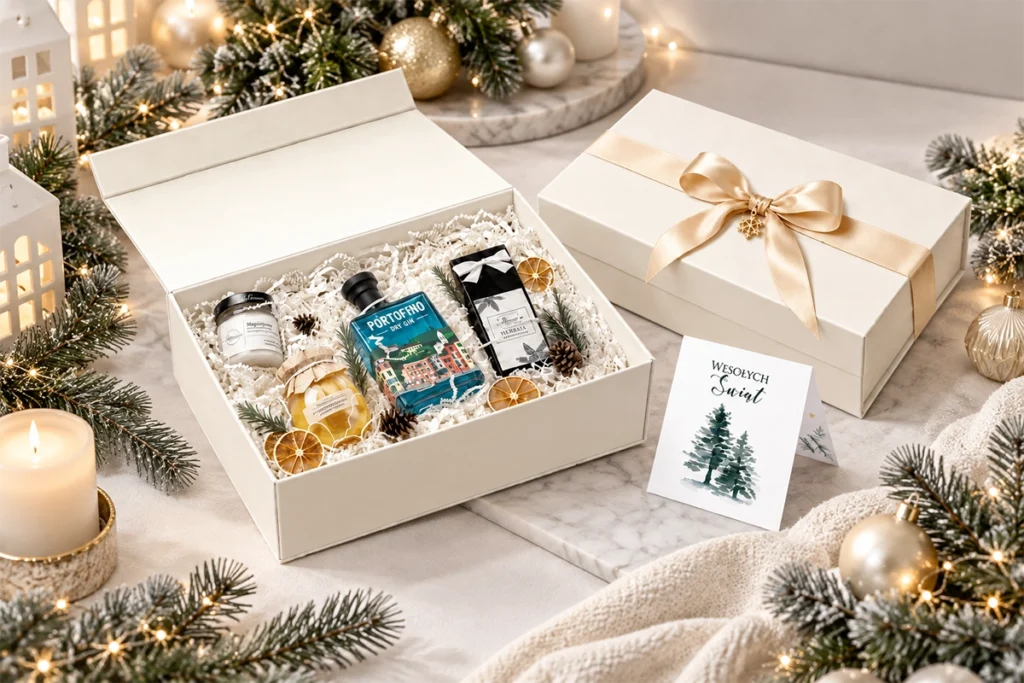Elegancki zestaw świąteczny Crimston Spirits 2026 z Portofino Dry Gin, herbatą i cytrynkami w ozdobnym pudełku, otoczony świątecznymi dekoracjami.