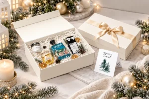 Elegancki zestaw świąteczny Crimston Spirits 2026 z Portofino Dry Gin, herbatą i cytrynkami w ozdobnym pudełku, otoczony świątecznymi dekoracjami.